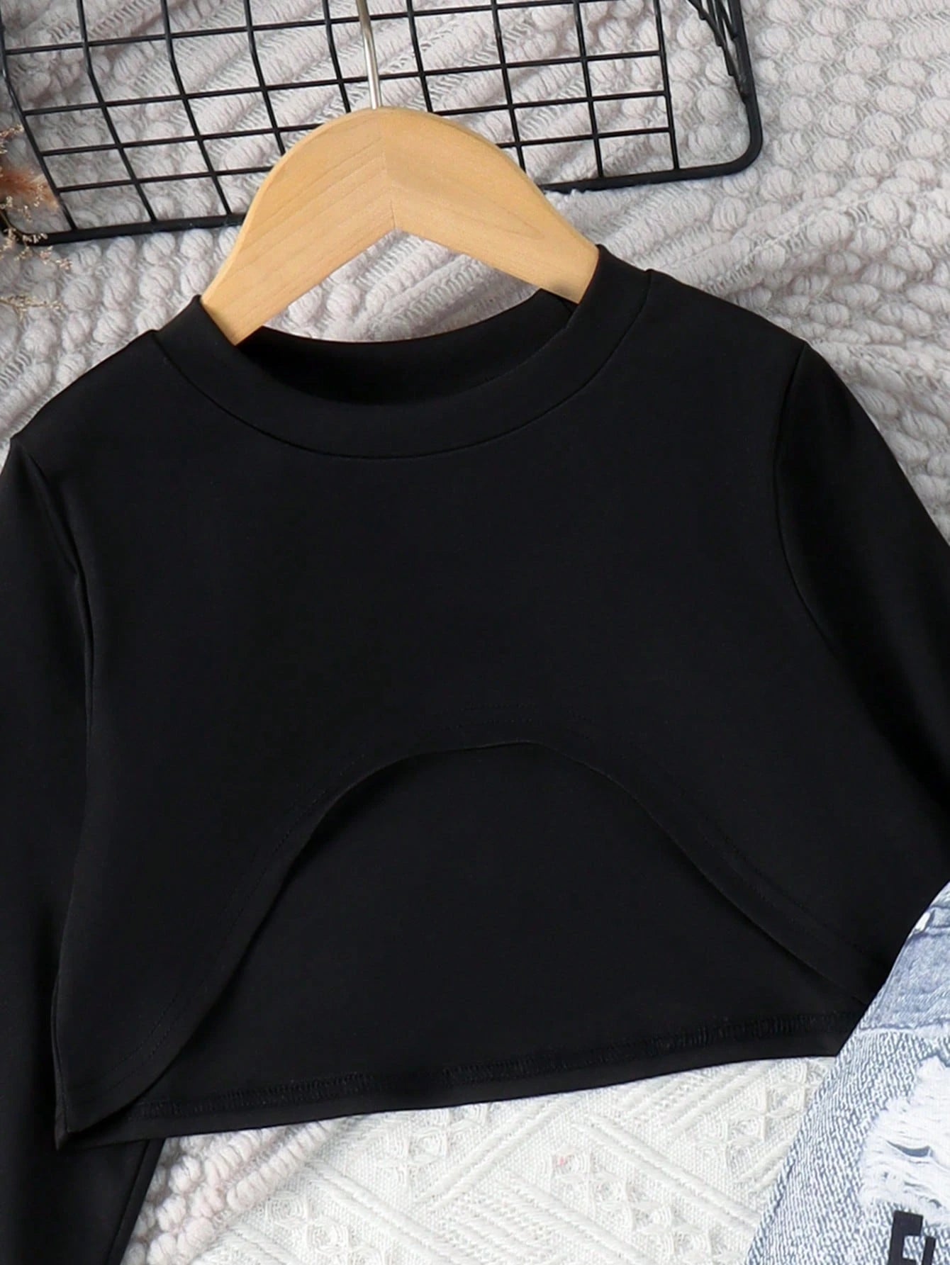 3 Peças/Conjunto Roupa de Moça Manga Longa, Regata e Calça com Efeito Denim, Outono/Primavera