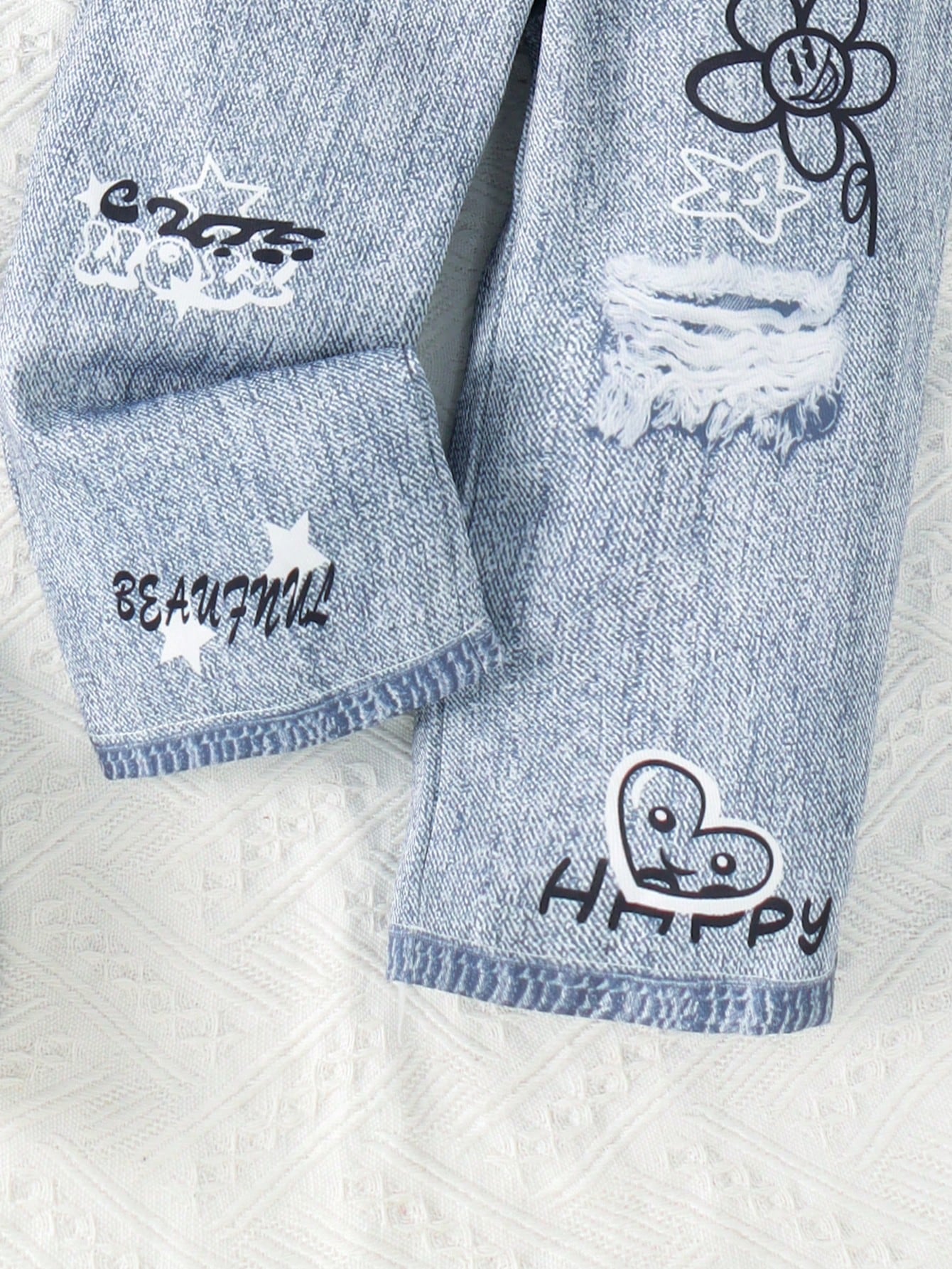 3 Peças/Conjunto Roupa de Moça Manga Longa, Regata e Calça com Efeito Denim, Outono/Primavera