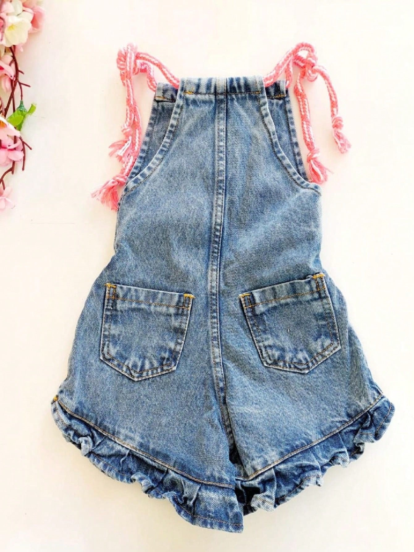 Vendedor IndicadoMacaquinho jardineira infantil jeans denim roupa para menina rosa bordado verão outono