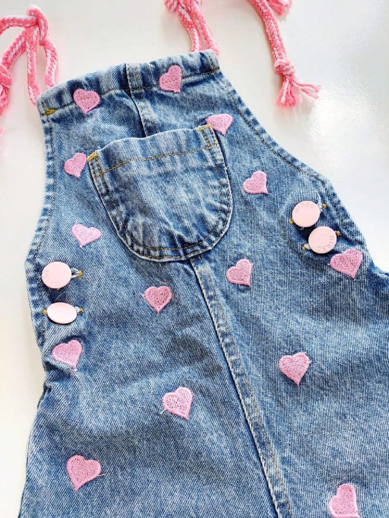 Vendedor IndicadoMacaquinho jardineira infantil jeans denim roupa para menina rosa bordado verão outono