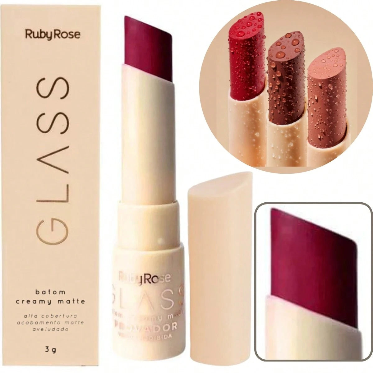 Batom Creamy Matte/ Glass Ruby Rose Aveludado /Resistente a Água