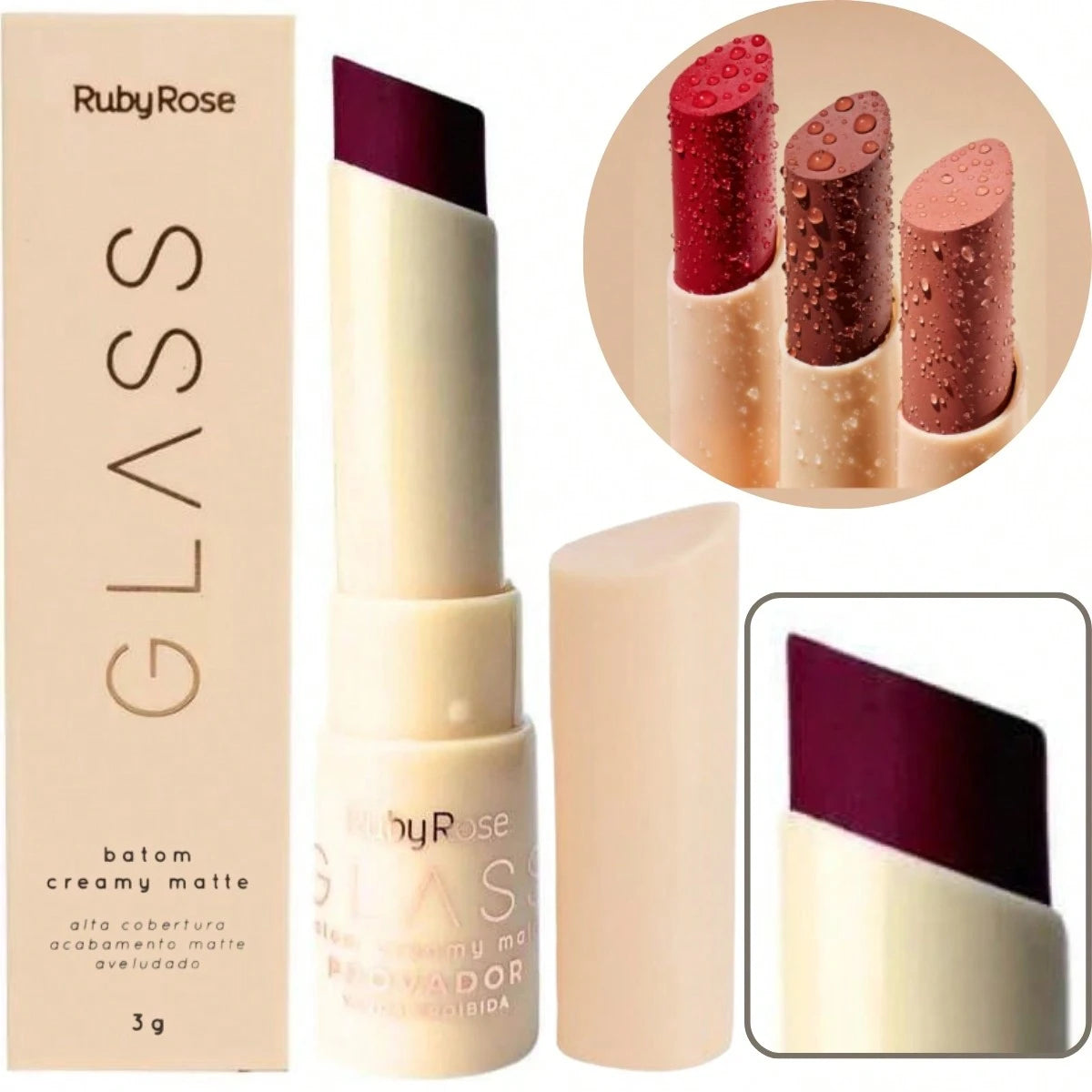 Batom Creamy Matte/ Glass Ruby Rose Aveludado /Resistente a Água