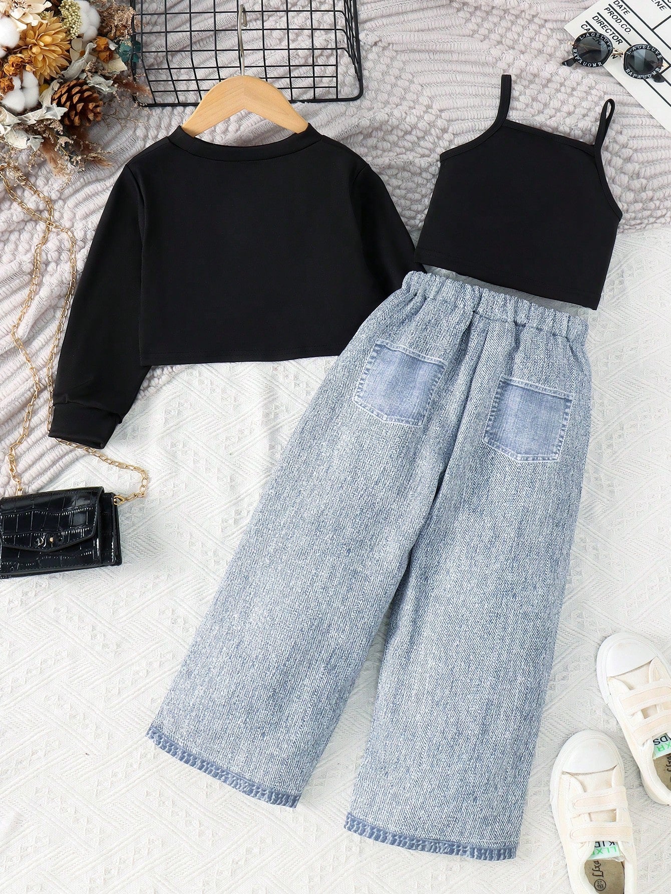 3 Peças/Conjunto Roupa de Moça Manga Longa, Regata e Calça com Efeito Denim, Outono/Primavera