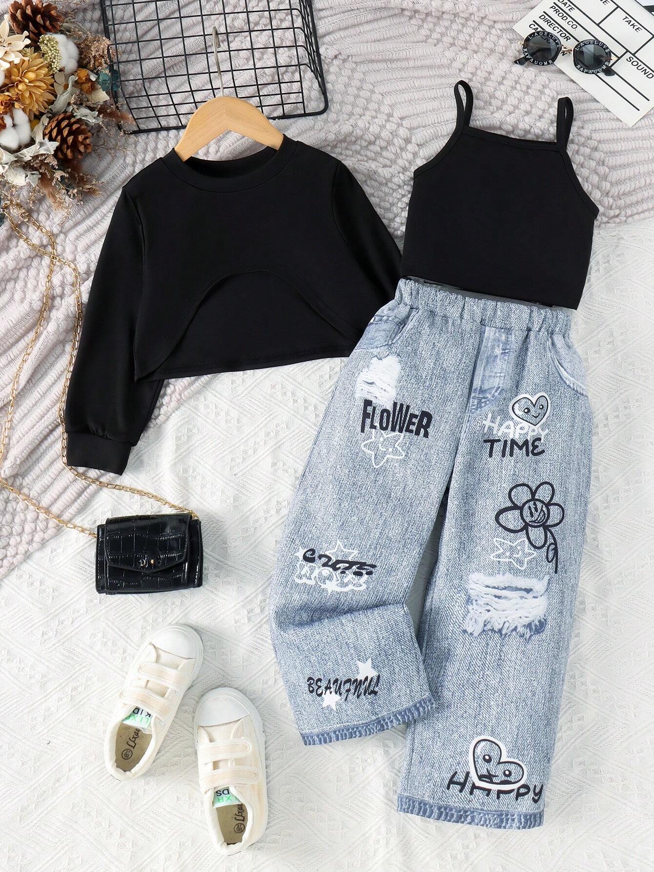 3 Peças/Conjunto Roupa infantil Manga Longa, Regata e Calça com Efeito Denim, Outono/Primavera