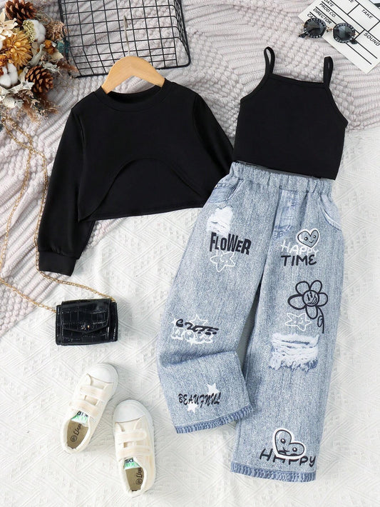 3 Peças/Conjunto Roupa infantil Manga Longa, Regata e Calça com Efeito Denim, Outono/Primavera