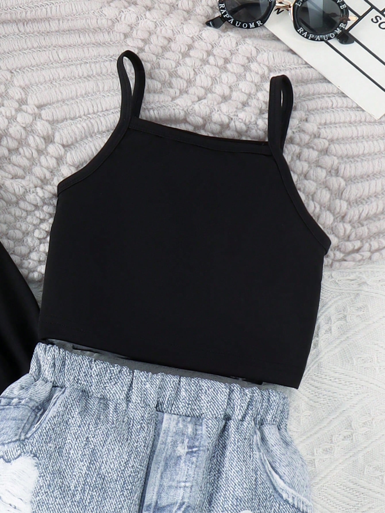 3 Peças/Conjunto Roupa de Moça Manga Longa, Regata e Calça com Efeito Denim, Outono/Primavera