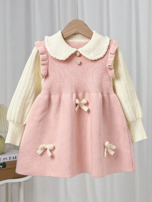 Vestido Suéter/ Decote Peter Pan, Laço Decorativo 